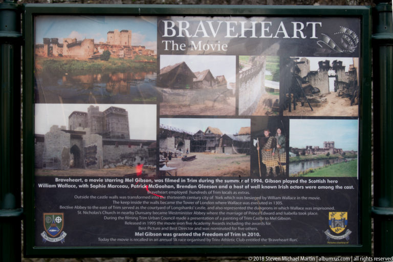 Interpretive display headed “BRAVEHEART The Movie,” with film stills, location photographs, and explanatory text about filming in Trim.