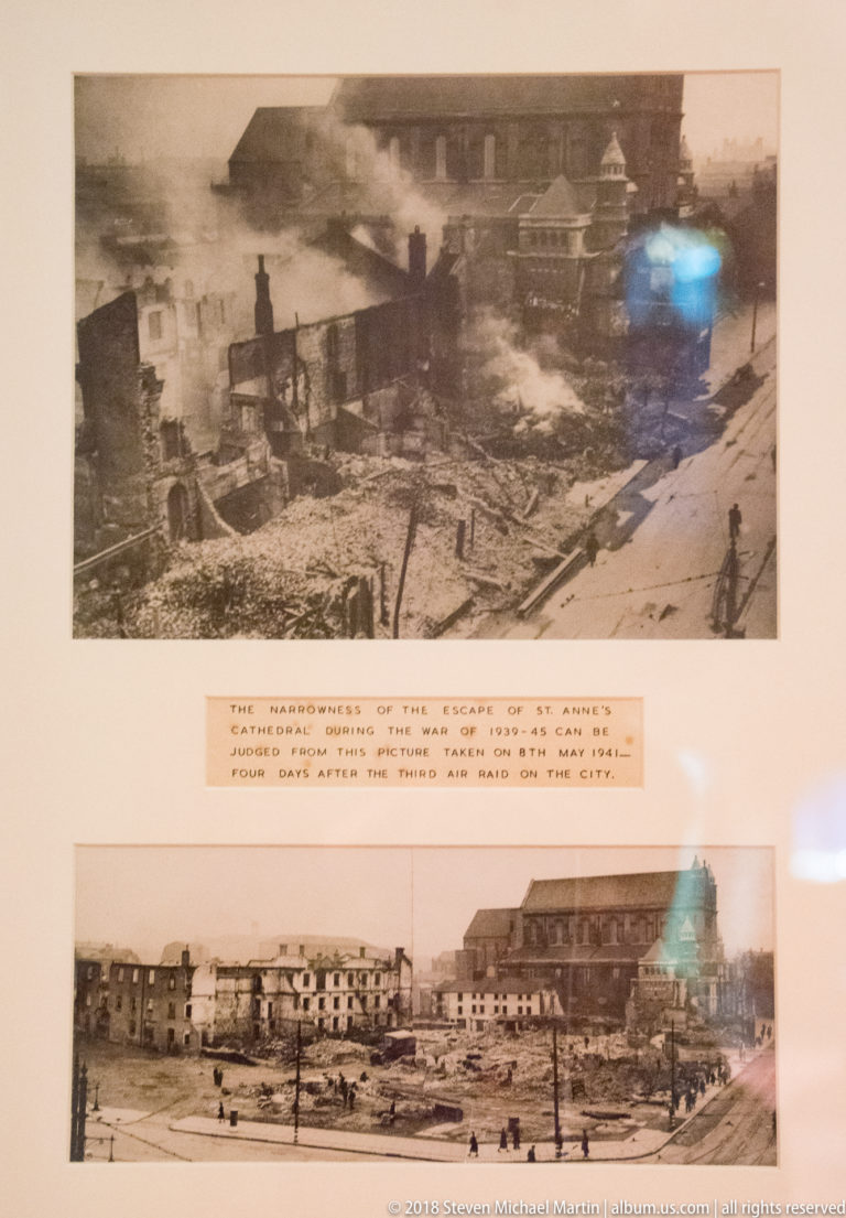 Two historic photographs in an interpretation display showing an urban site at different stages of development.
