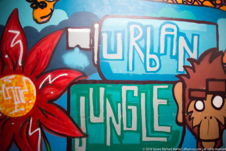 Colorful graffiti mural reading 'URBAN JUNGLE' beside a large red flower and cartoon figures.