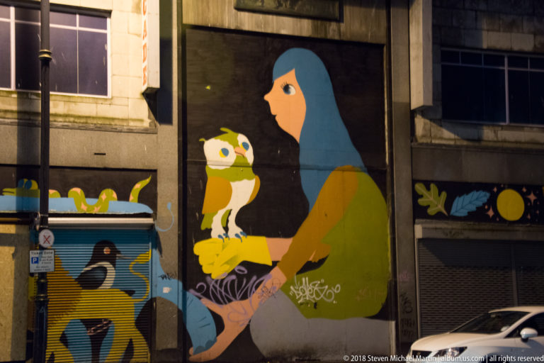 Tall street-art mural of a blue-haired woman holding an owl, with additional bird imagery nearby.