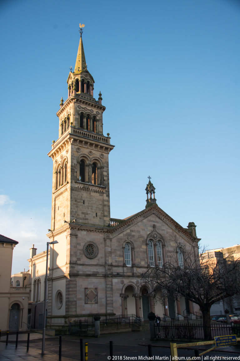 Former Methodist Church on University Road, Belfast, with W. J. Barre’s tall arcaded campanile rising above the polychrome 1865 church.