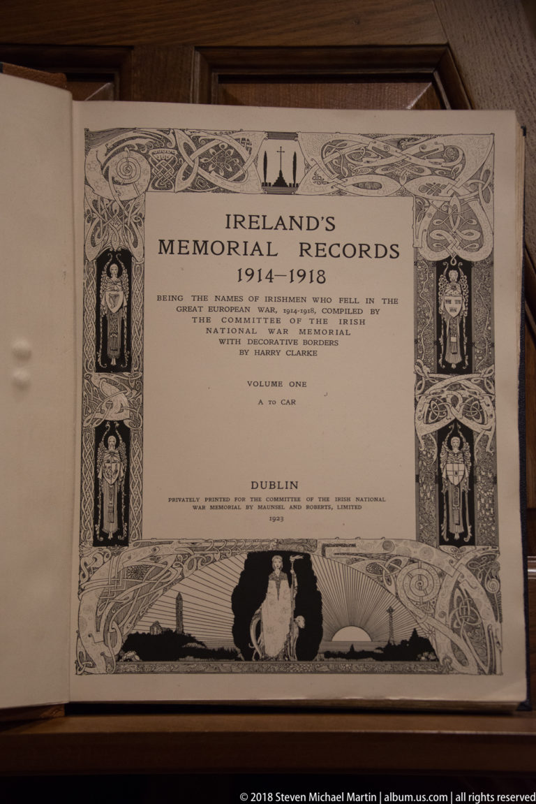 Open memorial volume displaying the decorated title page of Ireland's Memorial Records 1914–1918.