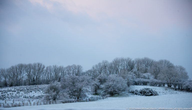 Snowy field below a low hillside of heavily frosted leafless trees beneath a blue-gray sky.