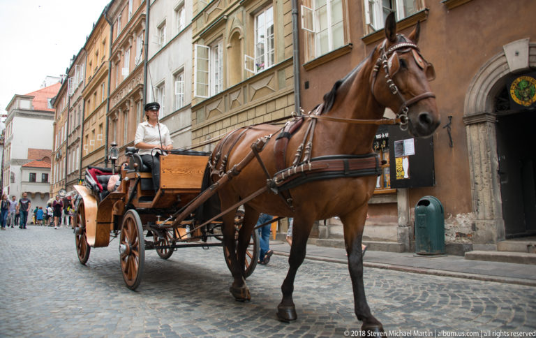 Chestnut horse pulling a wooden tourist carriage driven by a woman along a cobbled Warsaw Old Town street.