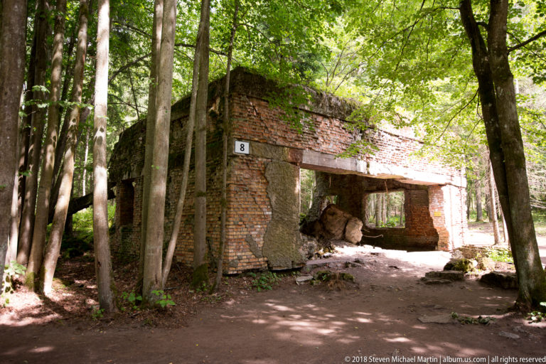 Ruined red-brick building marked 8 with broad doorway, window opening, and fallen tree trunk inside.