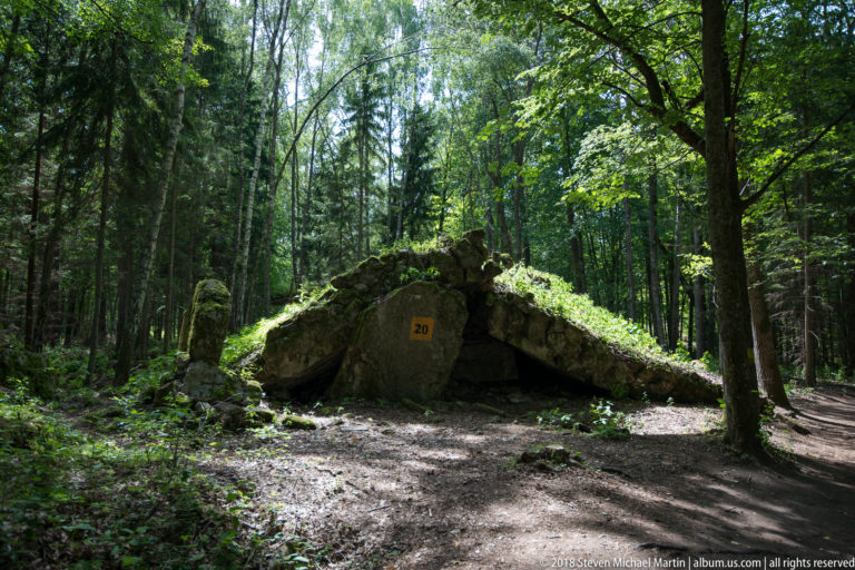 Collapsed low concrete shelter marked 20, with a dark opening beneath a vegetation-covered slab in the forest.