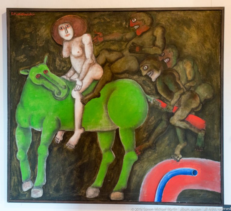 Colorful contemporary painting of a nude rider on a bright green horse followed by dark figures
