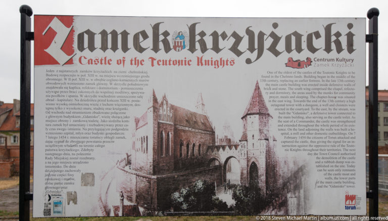 Interpretive panel titled Castle of the Teutonic Knights with text and a historical illustration.