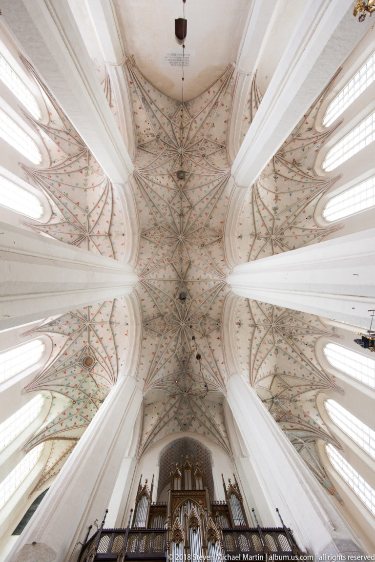 Upward view of pale ribbed Gothic vaults with painted floral ornament, tall windows, and the top of an organ case.