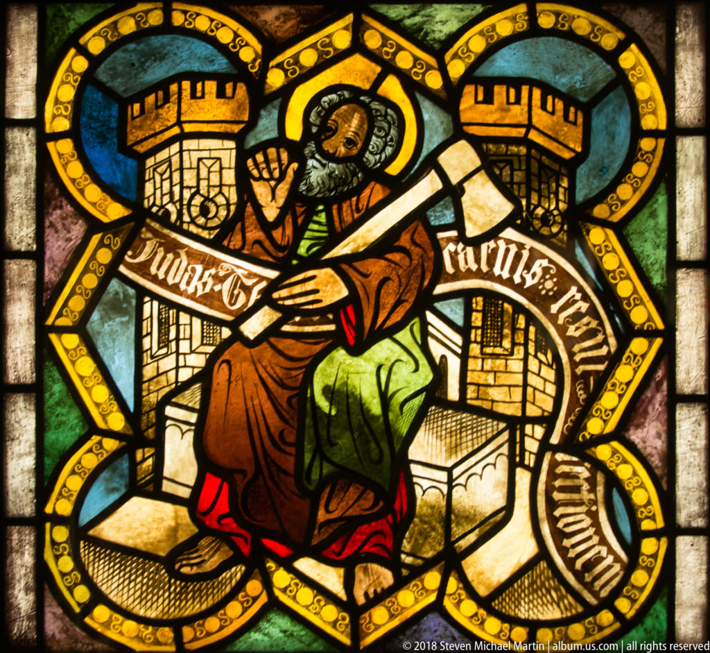 Saint Jude Thaddeus seated with a heavy club-like attribute and a scroll naming Iudas.