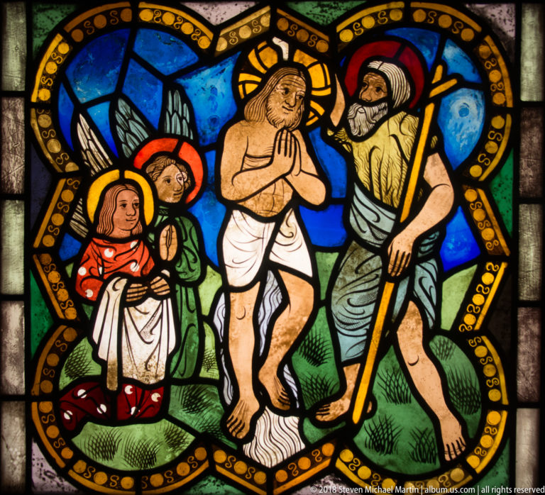 Christ baptized by Saint John the Baptist in the Jordan, with two angels attending.
