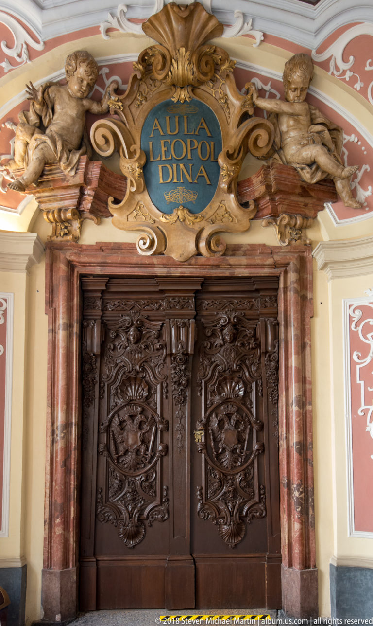 Carved dark wooden double doors beneath a gilded blue cartouche reading AULA LEOPOLDINA, framed by marbleized columns.