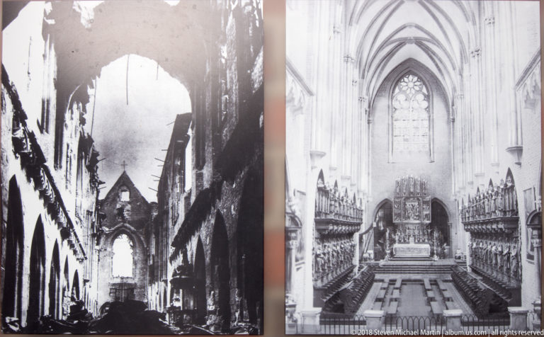 Two archival photographs compare a ruined Gothic church interior with the same interior restored and furnished.