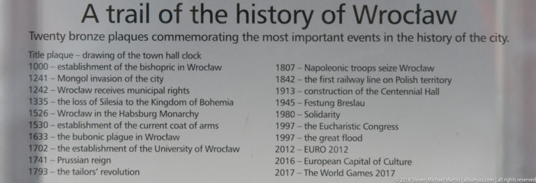 Interpretive panel titled as a history trail of Wrocław, listing dates and major events in the city’s past.