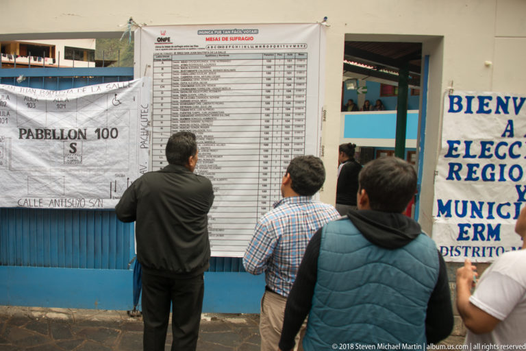 Men reading a large posted municipal election-results table outside a civic building in Aguas Calientes.