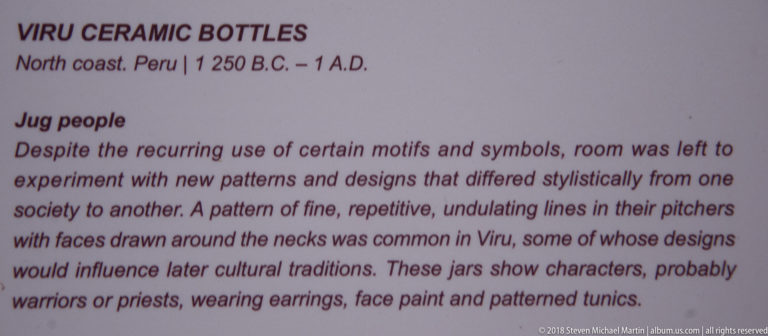 Museum panel about Virú ceramic bottles and anthropomorphic “Jug people,” with text on patterned necks, faces, earrings, and clothing.