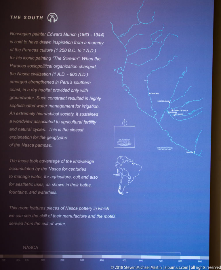 Museum wall panel about Nasca culture with explanatory text, maps of Peru, and a regional chronology graphic.