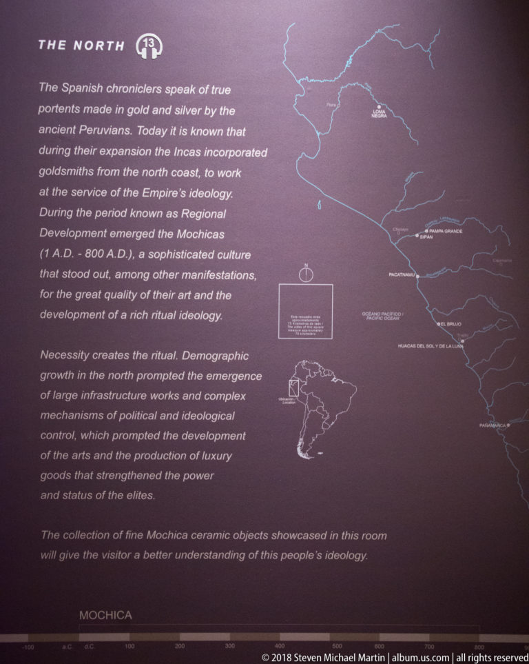 Museum wall panel with maps of Peru and text introducing Mochica ceramic traditions on the north coast.