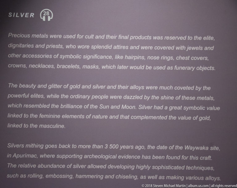 Museum wall text describing elite use, symbolism, and ancient Andean techniques for working gold and silver.