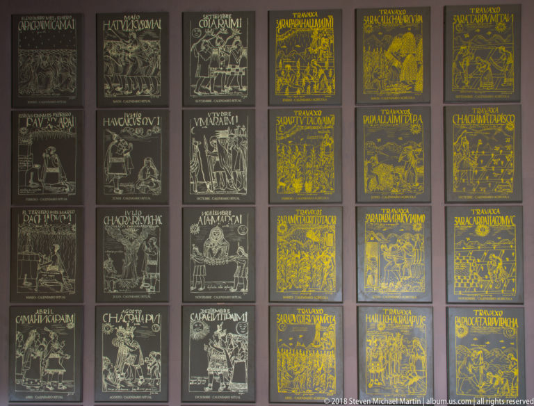 Grid of dark interpretive panels filled with gold and white line drawings, figures, symbols, and stylized text.