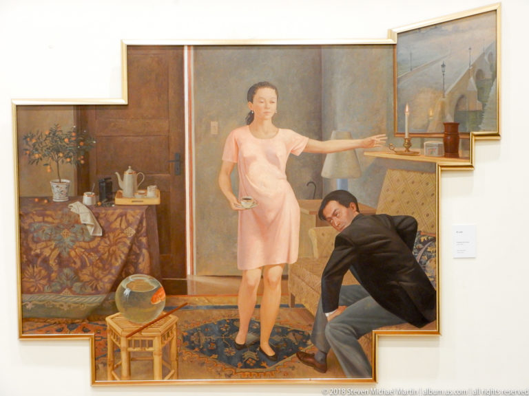 Modern painting of a woman in a pink dress and a seated man in a densely furnished interior.