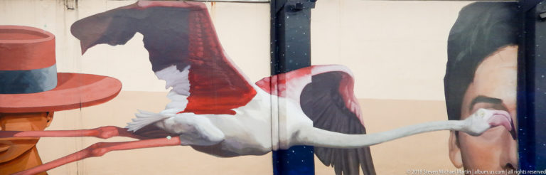 Street mural detail of a white long-beaked bird touching the eye area of a large painted human face.