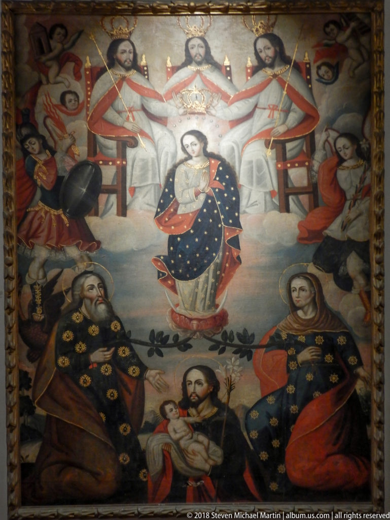 Marian religious painting with the Virgin beneath three heavenly figures and saints, woman, man, and child below.