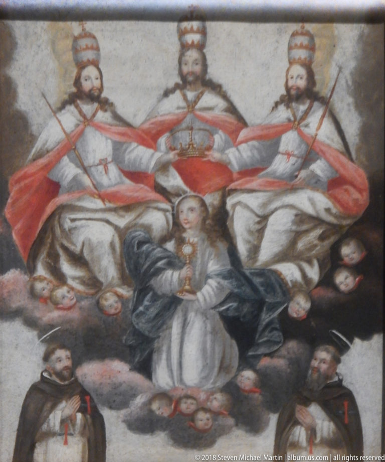 Religious painting with the Virgin centered below enthroned figures and surrounded by saints and clerics.