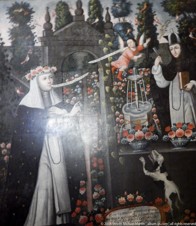 Devotional painting with a white-veiled nun, two religious figures, abundant red flowers, and a small dog.