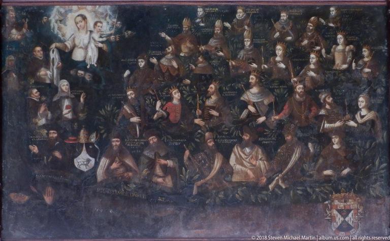 Large historical group painting with dozens of labeled figures arranged in rows and a heraldic shield at lower right.