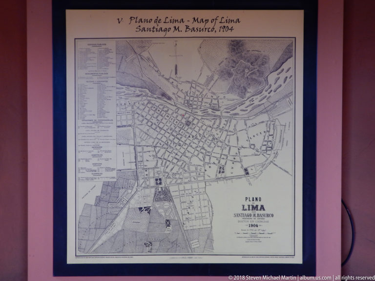Framed 1904 Plano de Lima showing the city grid, river corridor, roads, and expanding districts.