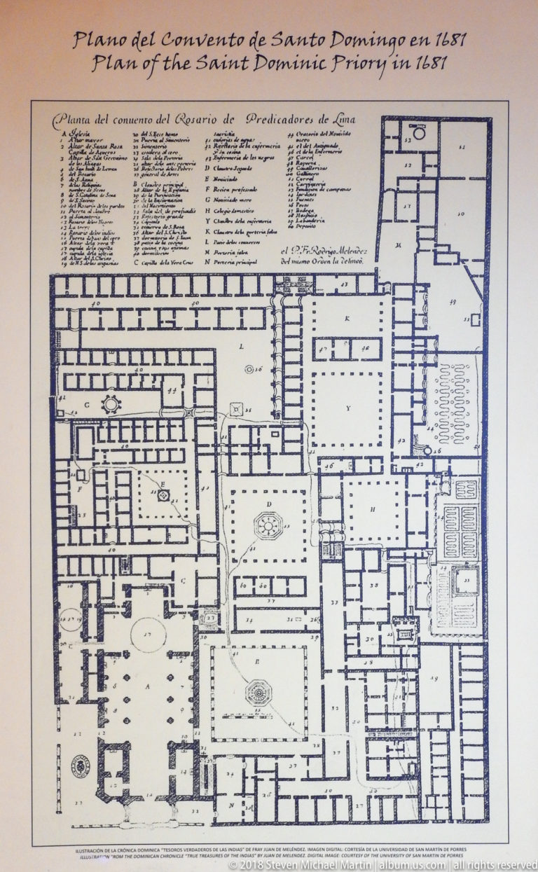 Framed historic ground plan of the Convento de Santo Domingo showing cloisters, corridors, rooms, chapels, and courtyards.