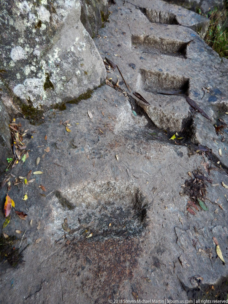 Shallow irregular footholds cut directly into sloping bedrock on the Huayna Picchu trail.