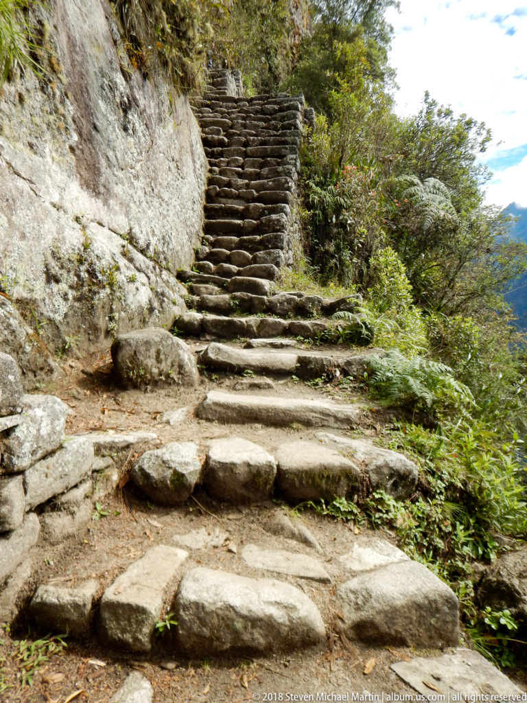 Steep irregular stone stair climbing beside bedrock and dense vegetation on the Huayna Picchu trail.