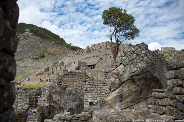 Stone buildings and terraces arranged around a large natural rock outcrop and a lone tree at Machu Picchu.