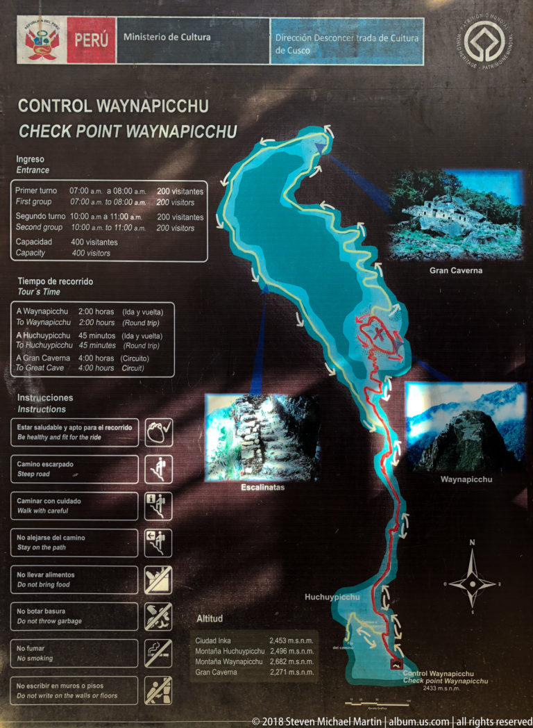 Trail information panel with map, route lines, times, regulations, and elevations for Waynapicchu.