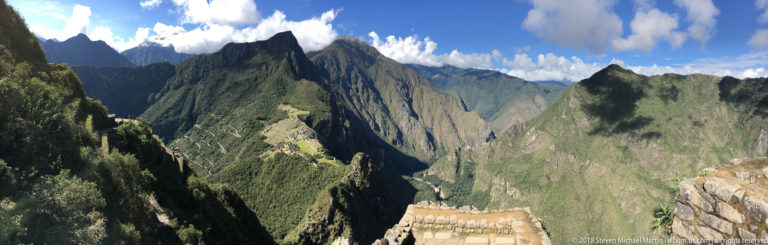 High mountain panorama of steep green ridges, deep valleys, and jagged peaks near Machu Picchu.