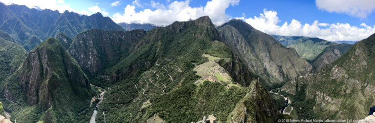 Wide panoramic view from Huayna Picchu over Machu Picchu and the surrounding steep green Andean peaks.