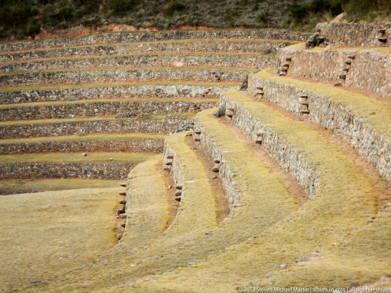 Golden grassed terraces curving across Moray, edged by stone retaining walls with small projecting-stone steps.