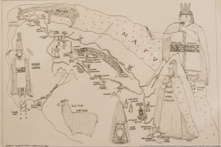 Hand-drawn regional map with routes, place labels, mountains, and enlarged historical or traditional figures.