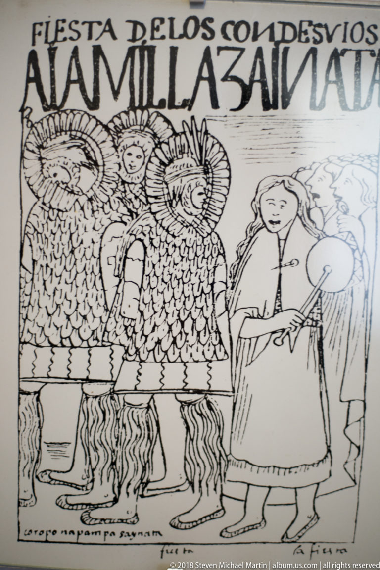 Black-and-white printed illustration of elaborately costumed figures beside a robed person under Spanish title text.