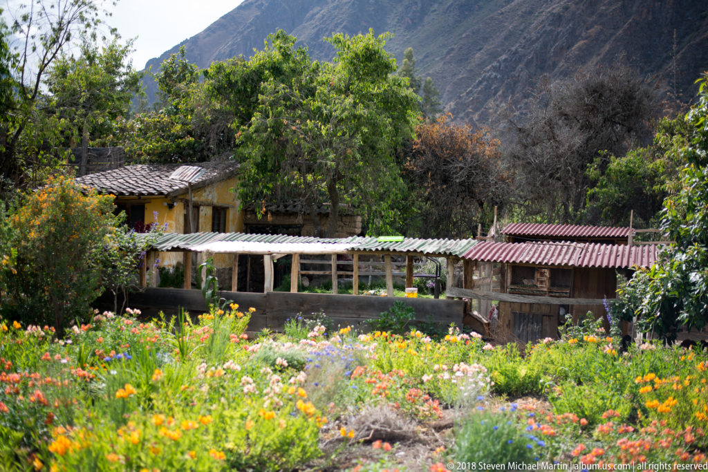 Colorful garden beds in front of rustic roofed structures and trees with mountain slopes behind.