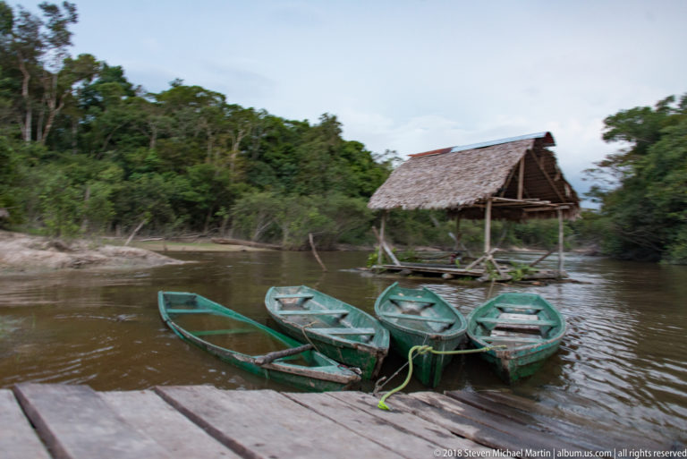 Four green wooden canoes tied beside a rough timber landing and simple palm-thatched river shelter.