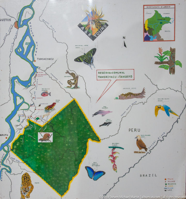 Illustrated map of Reserva Comunal Tamshiyacu-Tahuayo showing rivers, Peru and Brazil, with wildlife drawings around the reserve.
