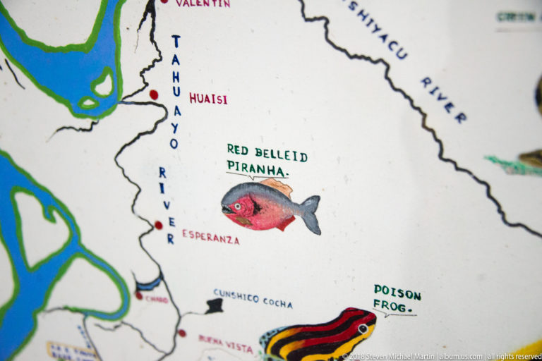 Map detail labeled Tahuayo River with illustrated red-bellied piranha and poison frog beside nearby waterways and settlements.