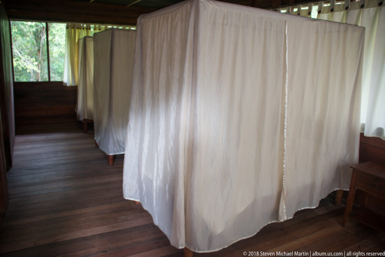 Large white mosquito net enclosing a bed in a wooden guest room with plank floor and screened windows.