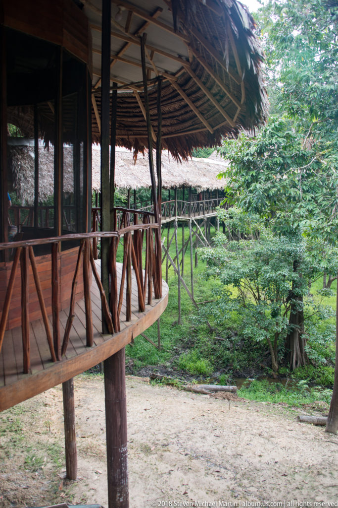 Curved raised wooden veranda with branch railings beneath a palm-thatched roof, overlooking vegetation and an elevated walkway.