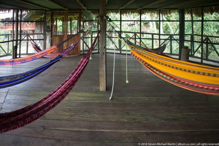 Colorful hammocks in screened pavilion at Tuhauyo Lodge.