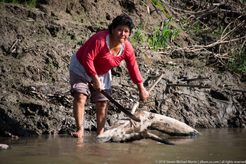 Barefoot woman in shallow river water swings a machete toward a pale branch beside a steep muddy bank.