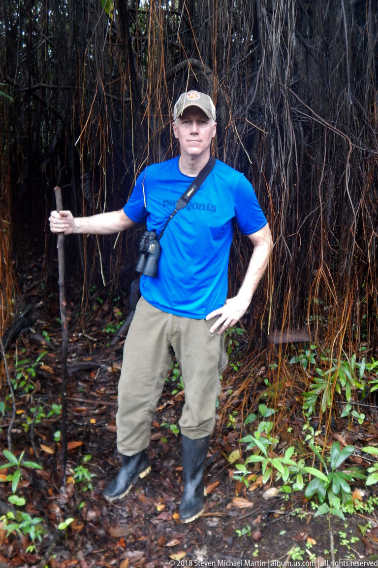 Traveler with walking stick and rubber boots standing before a dense curtain of hanging roots.
